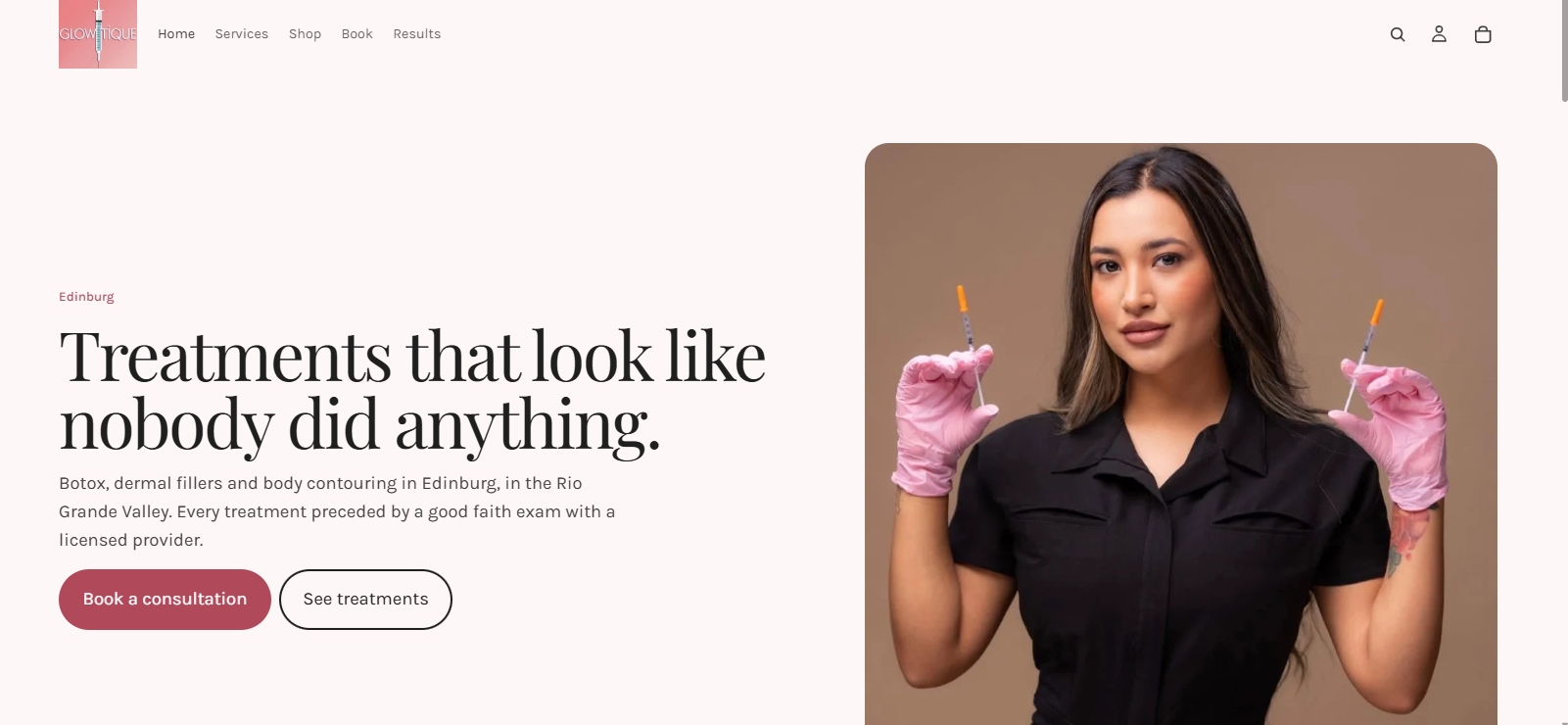 Glowtique home page hero with Book a consultation and See treatments buttons