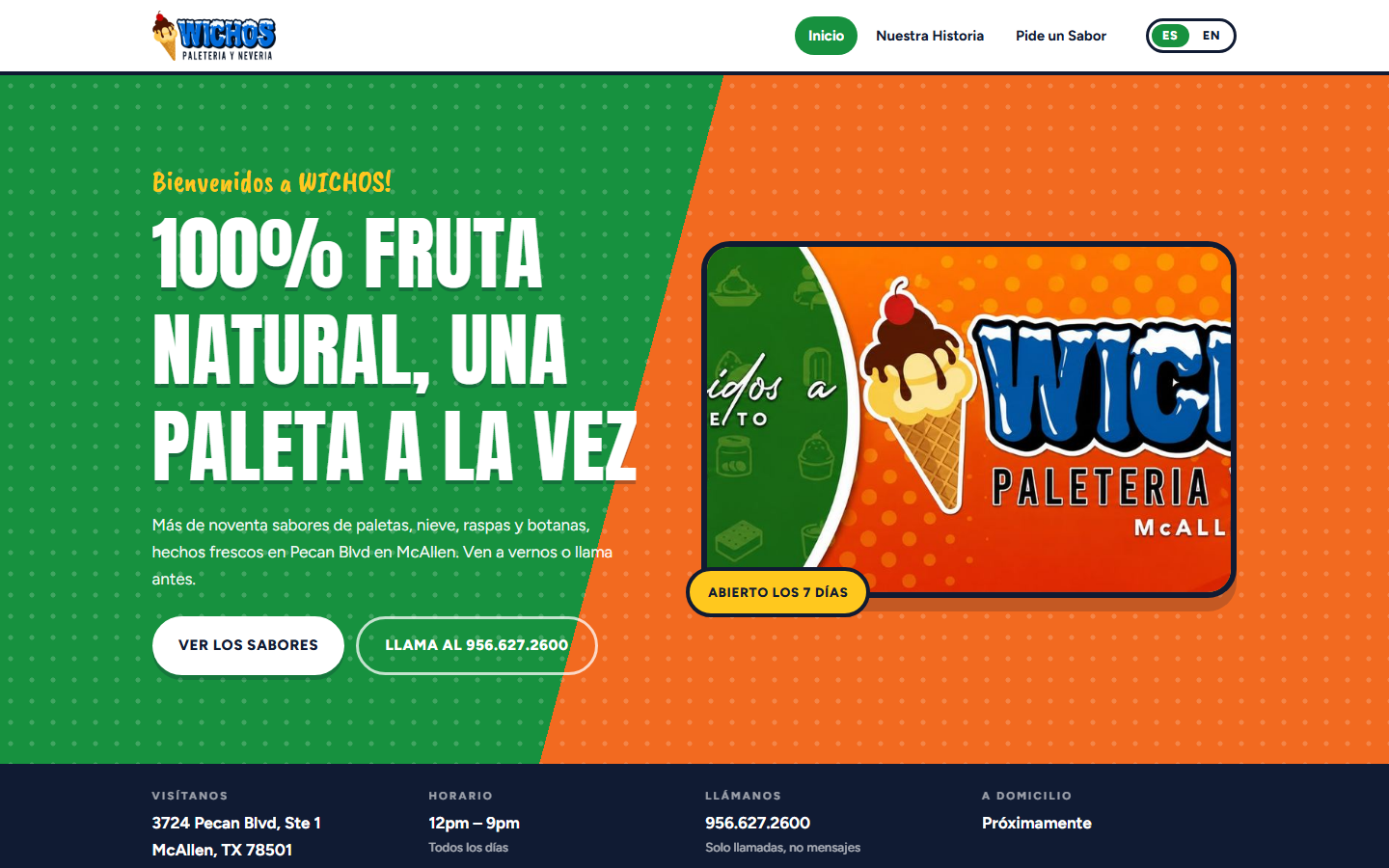 Wichos home page in Spanish with the 100% fruta natural headline